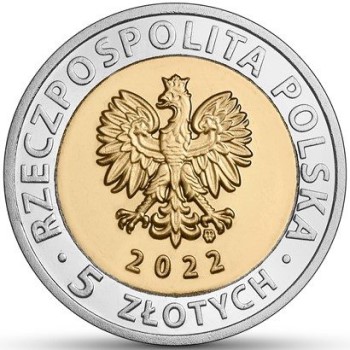 Awers 5-złotowej monety okolicznościowej z 2022 w temacie "Pałac w Mosznej"